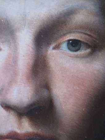Detail of the hatched technique used to paint the sitter’s face in ?British School, 'Portrait of a Gentleman'