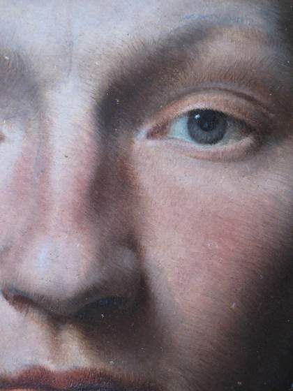 Detail of the hatched technique used to paint the sitter’s face in ?British School, 'Portrait of a Gentleman'