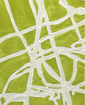 A detail showing many overlapping white lines against a yellowish green background and the undulations of the paint surface.