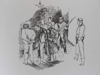 A drawing of two soldiers carrying weapons and looking at a group of five figures, who have their heads bowed and their backs turned, all set in a tiled interior with a lampshade and bulb hanging from the ceiling.