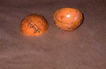 Two separate halves of a tennis ball resting on a surface, one facing upwards and the other downwards, with their exteriors covered in a clear, jelly-like substance.