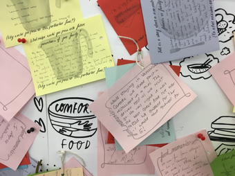 A close-up of a pinboard featuring coloured pieces of paper with handwriting on them, and images of food and crockery.
