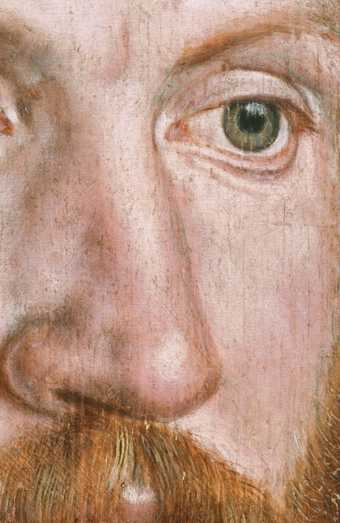 Detail of the sitter’s face in John Bettes, A Man in a Black Cap 1545