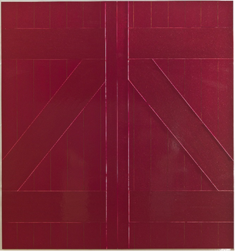 A photograph of Red Barn Door showing the deep ridges that outline the rectangles and differences in texture in the composition.