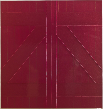 A photograph of Red Barn Door showing the deep ridges that outline the rectangles and differences in texture in the composition.