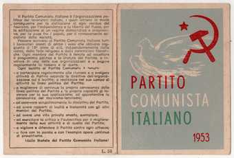 Membership card unfolded to show front and back; the back covered in Italian text, the front featuring Picasso’s bird sketch, a red hammer-and-sickle, and red, white and green lettering reading: PARTITO COMMUNISTA ITALIANO 1953