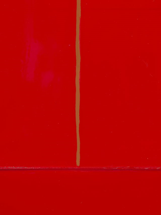 A detail of the deep red surface of Red Barn Door, showing an olive-green line running vertically from the top centre, which meets a ridge of red paint running horizontally below it.