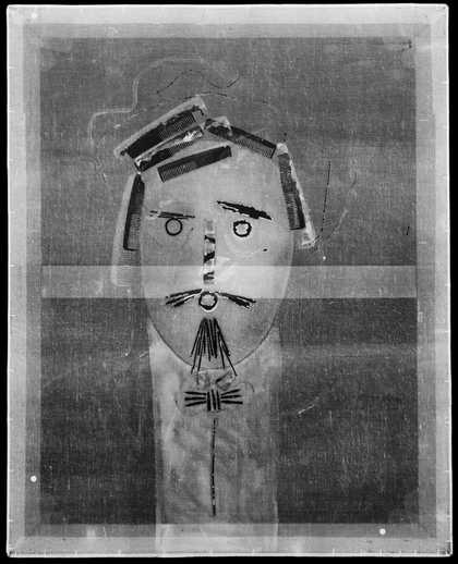 X-radiograph of The Handsome Pork-Butcher c.1924–6, c.1929–35 showing the original position of combs relative to the newer combs