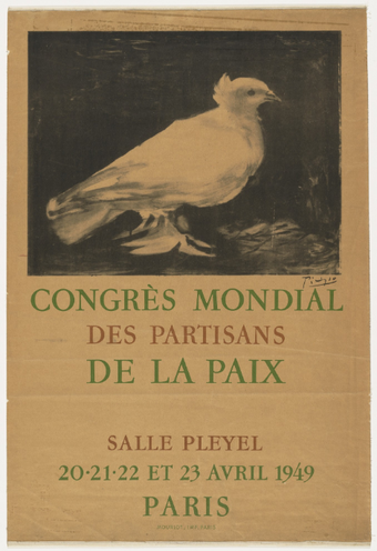 A poster featuring lettering and the image of a white bird shown in profile standing on the ground.
