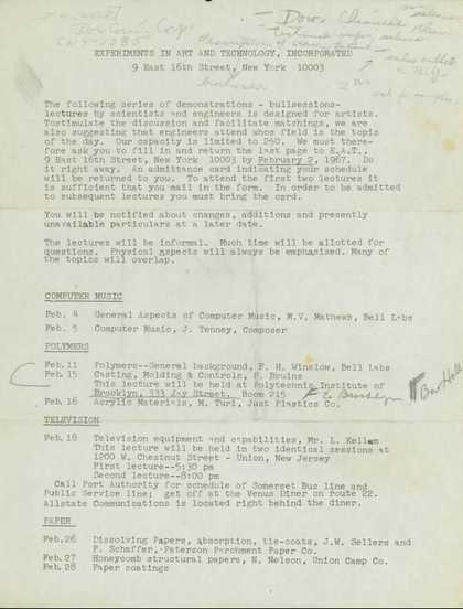 A piece of paper with typewritten text giving details of the subjects, times, location and ticketing for the Experiments in Art and Technology (E.A.T.) lectures.