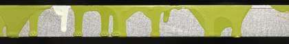 A horizontal view of part of the panel edge of Water Painting with a series of long drip marks in yellowish green and a slightly darker yellowish green underneath them, as well as one white dripped area.