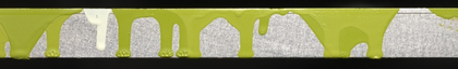 A horizontal view of part of the panel edge of Water Painting with a series of long drip marks in yellowish green and a slightly darker yellowish green underneath them, as well as one white dripped area.