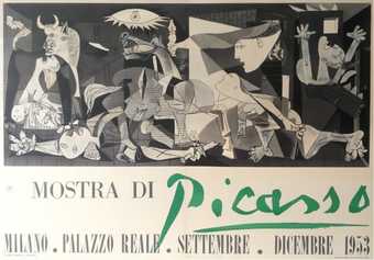 A poster featuring lettering at the bottom and a reproduction of Picasso’s painting Guernica at the top.