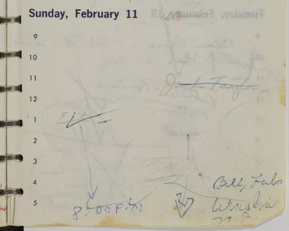 A right-hand page from a ring bound diary featuring handwritten notes on the subject, time and location of one of the E.A.T. lectures.