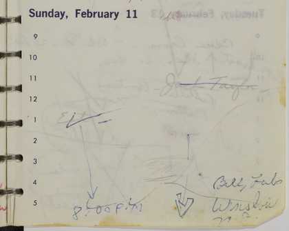 A right-hand page from a ring bound diary featuring handwritten notes on the subject, time and location of one of the E.A.T. lectures.
