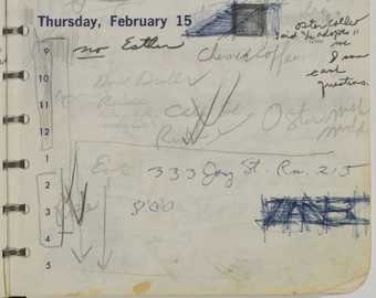 A right-hand page from a ring bound diary featuring handwritten notes on the subject, time and location of one of the E.A.T. lectures.