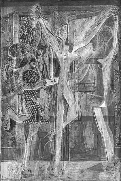 White and black image from the 2012 X-radiograph layered with the raking light image from left