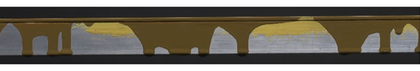 A horizontal view of part of the panel edge of The Generals with a series of long drip marks and patches in brown and brushed-on areas of yellow visible underneath them.
