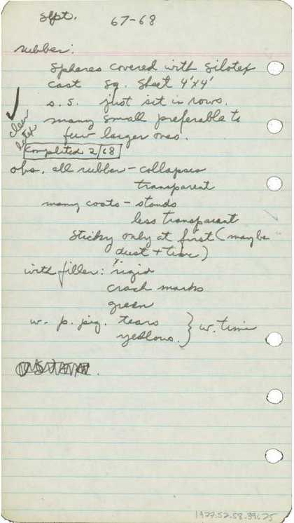 A piece of paper featuring handwritten notes on the E.A.T. lectures, including observations about rubber, clear latex and Silotex.