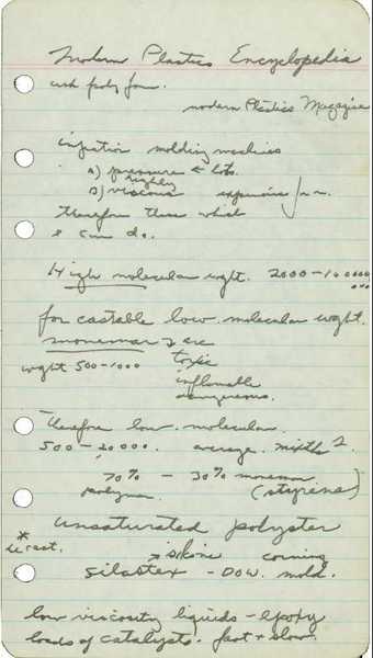 A piece of paper featuring handwritten notes on the E.A.T. lectures, including observations about the molecular weight and viscosity of certain materials.