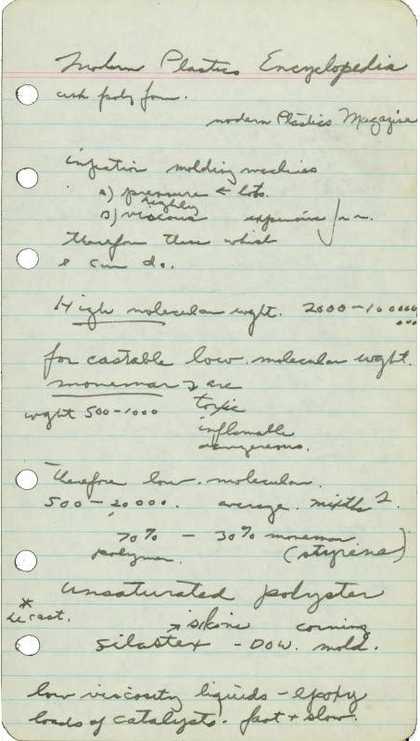 A piece of paper featuring handwritten notes on the E.A.T. lectures, including observations about the molecular weight and viscosity of certain materials.