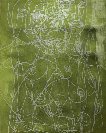 The surface of Water Painting photographed to show lighter green patches across its surface, concentrated in the top right, indicating where fatty acid efflorescence has occurred.