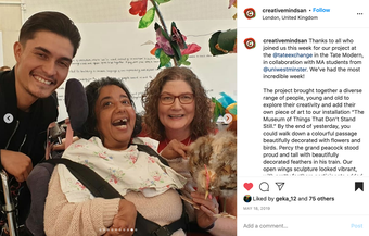 A social media post featuring a photograph of three smiling people holding a crafted chicken with feathers and googly eyes, accompanied by text