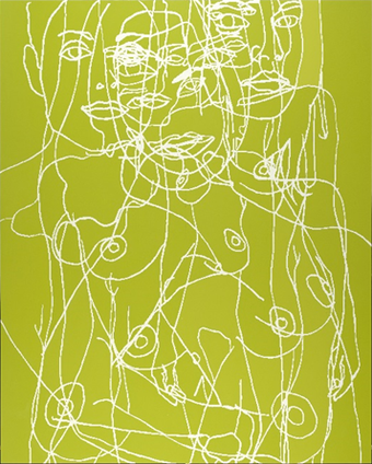 A large vertically oriented painting. White painted outlines describe the head and torso of a nude figure with breasts, painted several times in various positions so that they are superimposed over one another, set against a yellowish green background