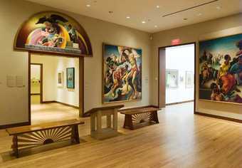 Installation view of panels from Thomas Hart Benton’s The Arts of Life in America 1932