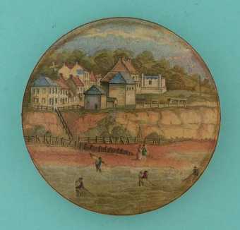 Ceramic pot lid featuring Pegwell Bay and Four Shrimpers c.1860