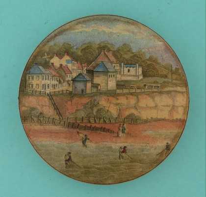 Ceramic pot lid featuring Pegwell Bay and Four Shrimpers c.1860