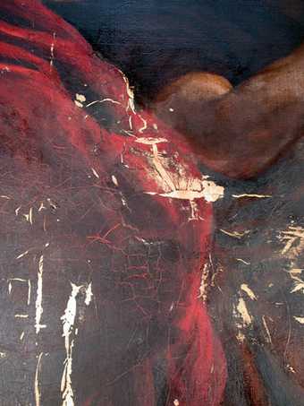 Detail revealing old fills during varnish and overpaint removal in the area of Troilus's red cloak