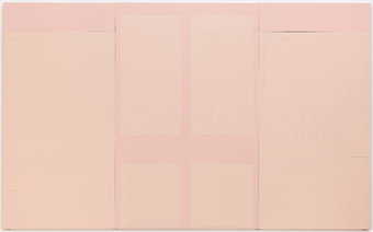 A horizontal painting featuring rectangles of various sizes, symmetrically arranged to resemble a set of doors, painted in light pink paint with a slightly darker pink background.