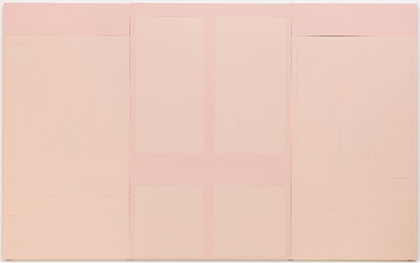 A horizontal painting featuring rectangles of various sizes, symmetrically arranged to resemble a set of doors, painted in light pink paint with a slightly darker pink background.