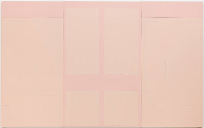A horizontal painting featuring rectangles of various sizes, symmetrically arranged to resemble a set of doors, painted in light pink paint with a slightly darker pink background.