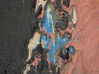 Micrograph of incised line around head of left figure, showing blue paint in underlying layers