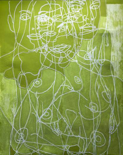 An image of Water Painting showing the cleaned area in the top left quarter, which appears a darker green and has no white sheen on it, and the white patches that remain on the rest of the painting.