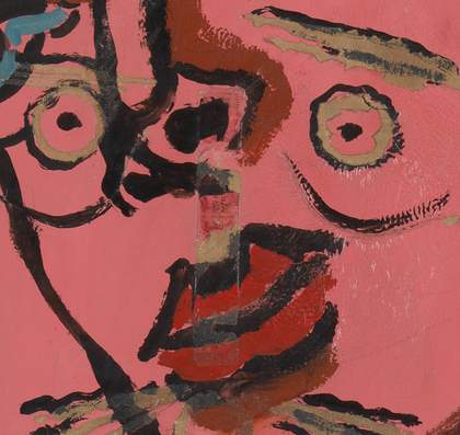 Detail showing rust brown contours of the female face