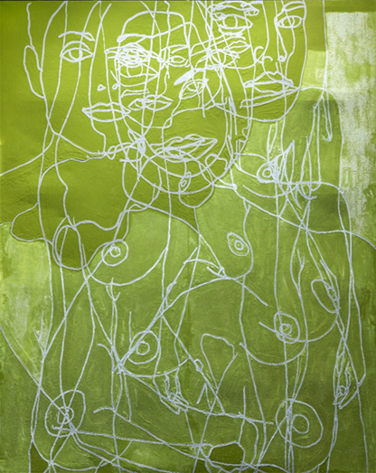 An image of Water Painting showing the cleaned area in the top left quarter, which appears a darker green and has no white sheen on it, and the white patches that remain on the rest of the painting.