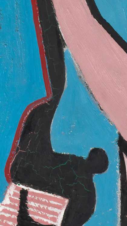 Raised arm of the left figure, showing earlier pink and red paint