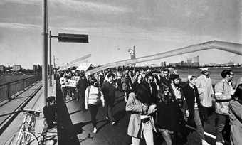 Protestors cross the Charles River under Otto Piene’s Sky Art during the Moratorium to End the War in Vietnam, 15 October 1969