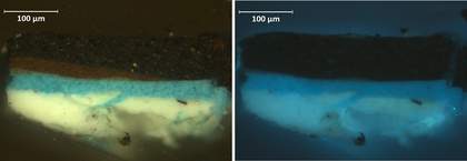 Cross-section showing white, blue flowing into cracks, brown of window and black of ceiling, in visible light and ultraviolet light. The grey ground is missing from this sample.