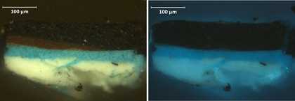 Cross-section showing white, blue flowing into cracks, brown of window and black of ceiling, in visible light and ultraviolet light. The grey ground is missing from this sample.