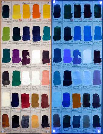 An example of a Winsor & Newton Artists’ (W&N) Oil Colour swatch dating to 1957, shown in tungsten and UV light.