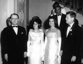 President John F. Kennedy and French Minister of Culture André Malraux arriving at the White House with their wives for a dinner held in honour of Malraux, 11 May 1962