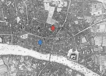 John Roque’s 1746 map of London, with James Crokatt’s premises marked in blue and Henry Muilman’s premises marked in red