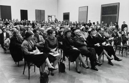 Opening of The New American Painting at Kunsthalle Basel, 1958, with Adam partly visible in the upper left corner
