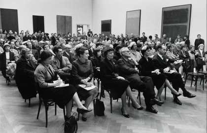 Opening of The New American Painting at Kunsthalle Basel, 1958, with Adam partly visible in the upper left corner
