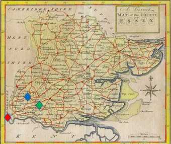 Thomas Osborne’s 1748/50 map of Essex, engraved by Thomas Hutchinson, with London marked in red, Luxborough marked in blue and Dagnams marked in green