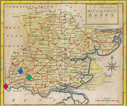 Thomas Osborne’s 1748/50 map of Essex, engraved by Thomas Hutchinson, with London marked in red, Luxborough marked in blue and Dagnams marked in green